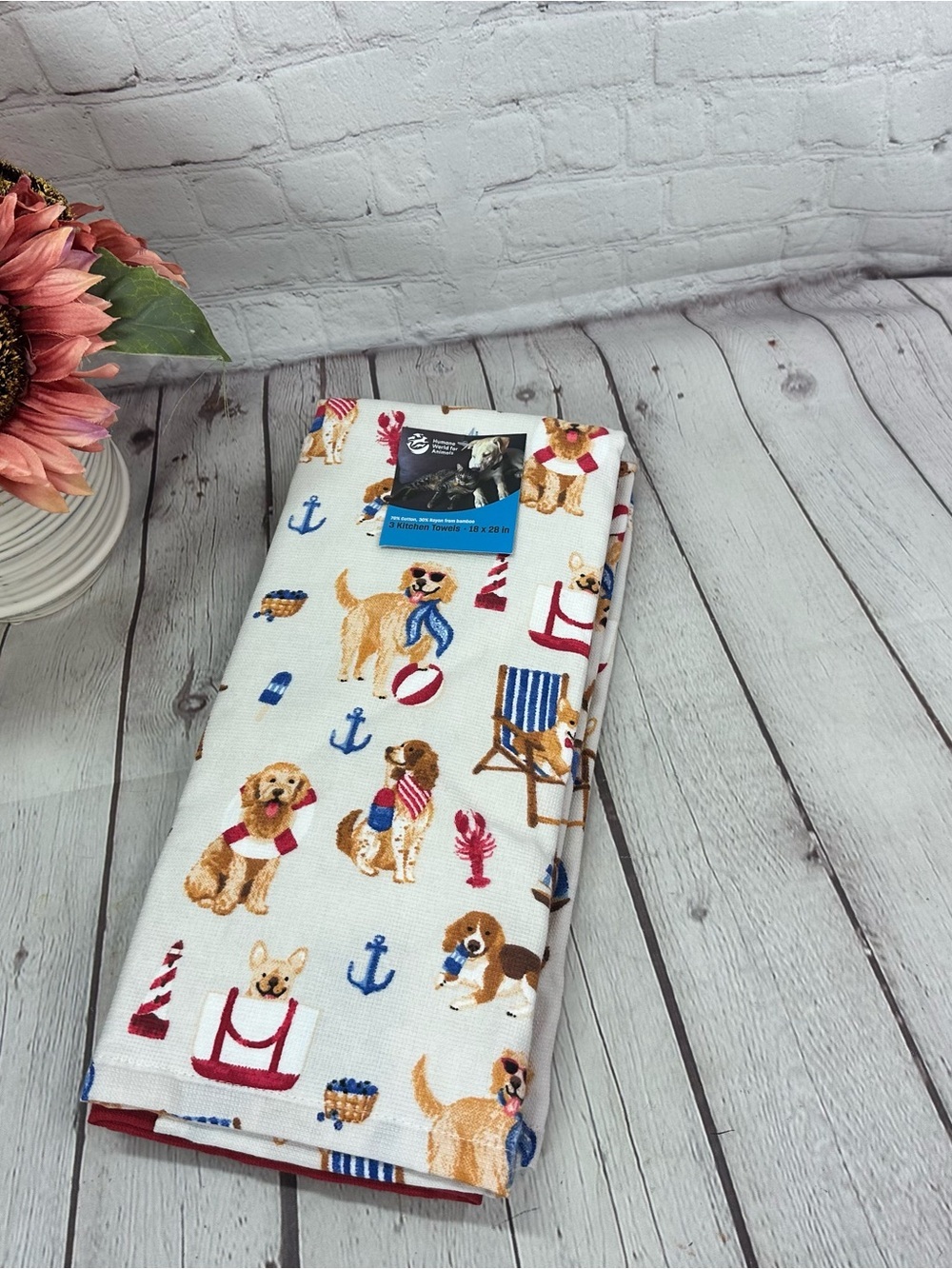 NWT nautical Dog Print Kitchen Towel 3pk coastal beach summer anchor lobster